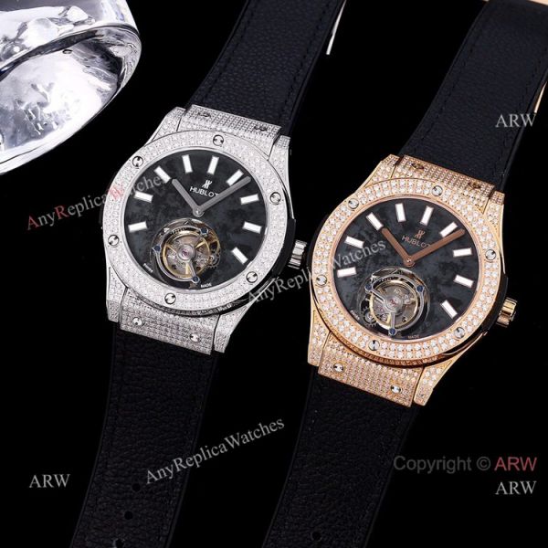 Best Replica Hublot Full Diamond Watch Rose Gold Black Dial Black Leather Strap Best Replica Hublot Full Diamond Watch Rose Gold Black Dial Black Leather Strap