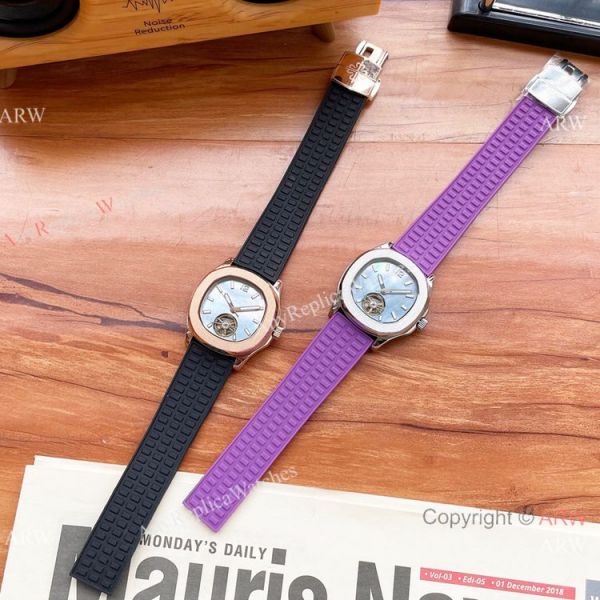 Clone Patek Philippe Lady Tourbillon Diamond Bezel Purple Rubber Strap 35mm Clone Patek Philippe Lady Tourbillon Diamond Bezel Purple Rubber Strap 35mm