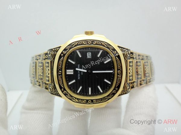 2019 Copy Patek Philippe Engraving Nautilus Watches Yellow Gold Black Dial 2019 Copy Patek Philippe Engraving Nautilus Watches Yellow Gold Black Dial