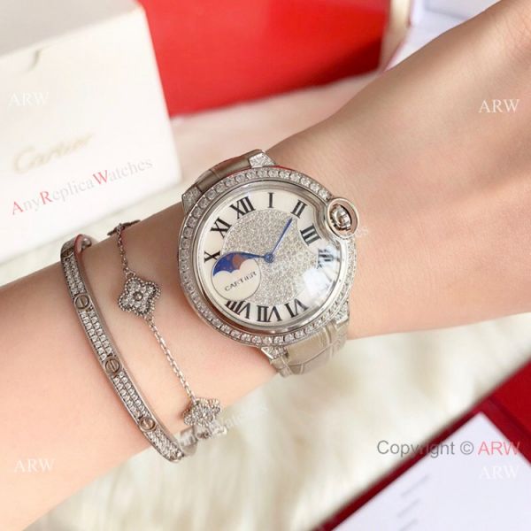 Ballon Bleu de Cartier 36mm Replica Watches Gold Diamond Green Leather Band Ballon Bleu de Cartier 36mm Replica Watches Gold Diamond Green Leather Band