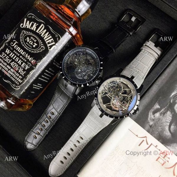 Copy Roger Dubuis Excalibur Flying Tourbillon Watches SS Gray Leather Strap Copy Roger Dubuis Excalibur Flying Tourbillon Watches SS Gray Leather Strap